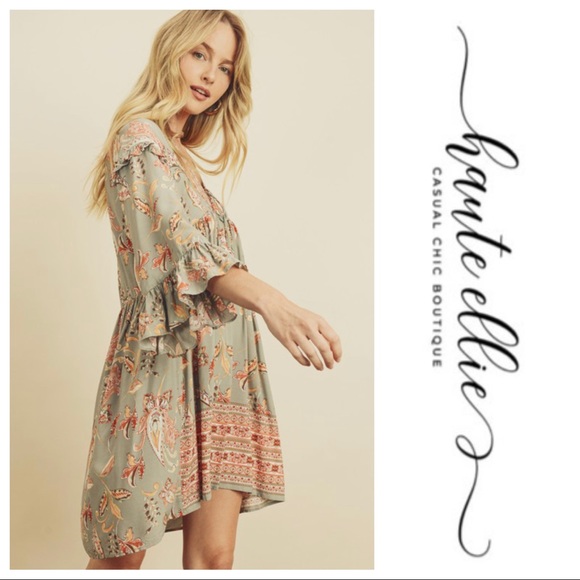 Sage-Floral Bohemian V-Neck Dress - Picture 7 of 9